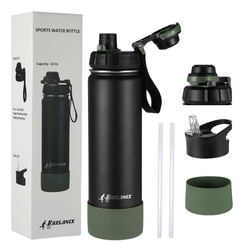 Botella Agua Deportiva Acero Inoxidable 22oz, 2 Tapas (pajit