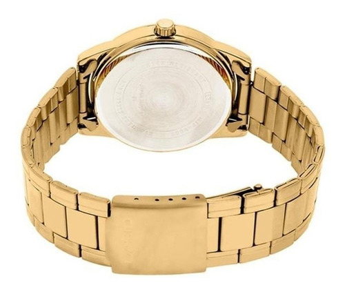 Imagen 3 de 3 de Reloj de pulsera Casio Enticer MTP-V001 de cuerpo color dorado, analógico, para hombre, fondo dorado, con correa de acero inoxidable color dorado, agujas color dorado y negro, dial negro, minutero/segundero negro, bisel color dorado y desplegable