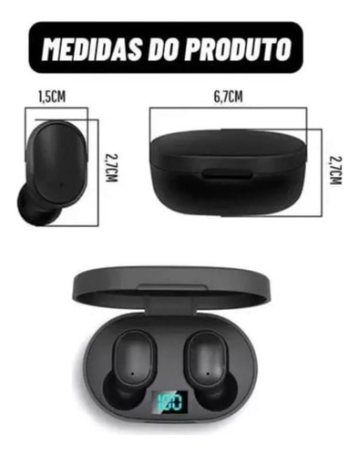 Fone De Ouvido Tws E6s Preto Sem Fio Bluetooth 5.0 Visor Luz