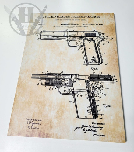 Cuadro Deco United States Patent Browning 29x40 Pistola Gun