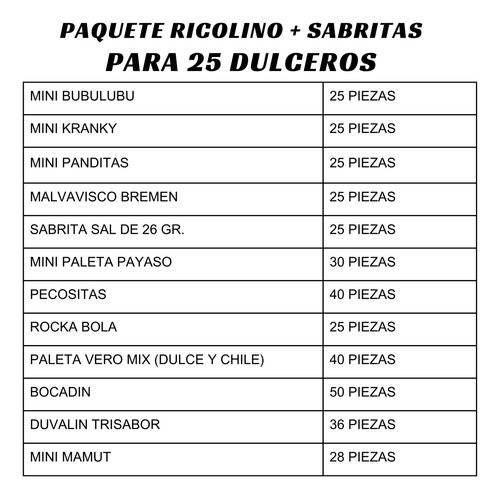 Paquete Ricolino Para 25 Dulceros + Sabritas + Malvavisco