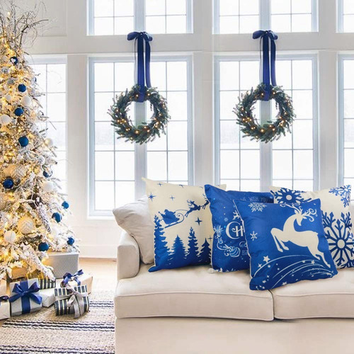 Juego De 4 Funda De Almohada De Sofá Azul Marino Snowflake