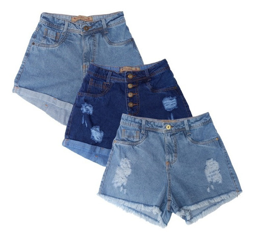 Imagem 1 de 7 de Short Jeans Feminino Cintura Alta Destroyed Kit C/3 