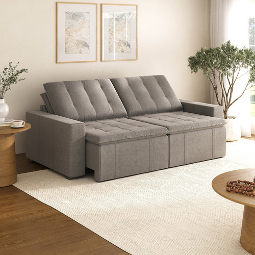 Sofá Cama Retrátil E Reclinável 4 Lugares 240cm Em Linho