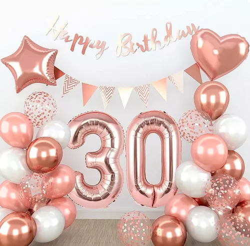 27pcs Feliz cumpleaños 30 Globos Kit Papel de aluminio Globos de oro rosa  Globos de látex para 30 años Fiesta de cumpleaños