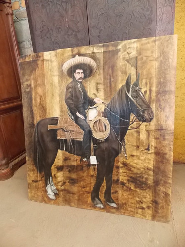 Original Pintura Oleo De Emiliano Zapata En Madera Antigua.