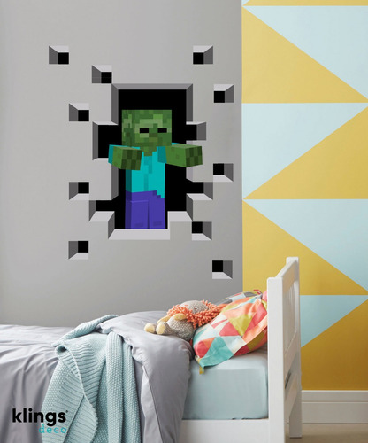 Imagen 1 de 3 de Vinilo Decorativo Rompe Pared 3d Minecraft Zombie