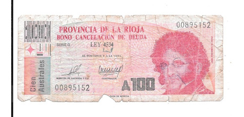 Liquido Bono Billete Argentina 100 Australes La Rioja