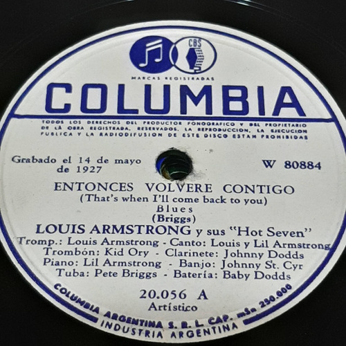 Pasta Louis Armstrong Y Sus Hot Seven Columbia C369