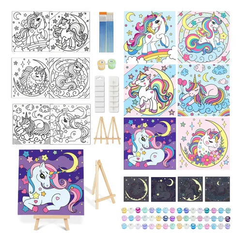 4 Pack Pintar por Numeros Niños Adultos con Marco, Unicornio de dibujos animados, panda, DIY Cuadros para Pintar por Números, Animales kawaii, Pintura Acrilica Cuadro Artesanías de Arte, 20x20cm