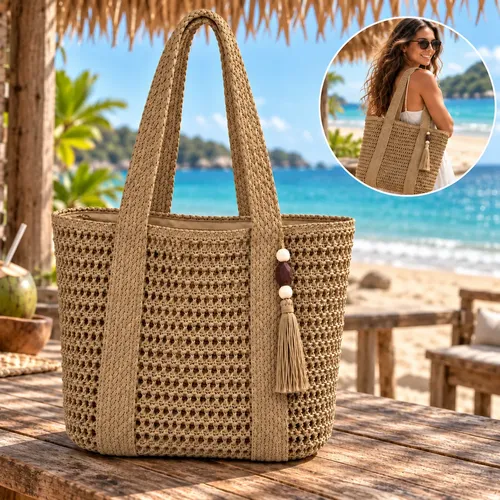 Bolsa Palha Praia Grande Verão Piscina Feminina Casual Clube Cáqui Níquel
