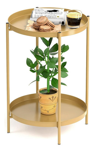 Ovicar Gold Side Table - 2 Tier Metal Round End Table Coffee