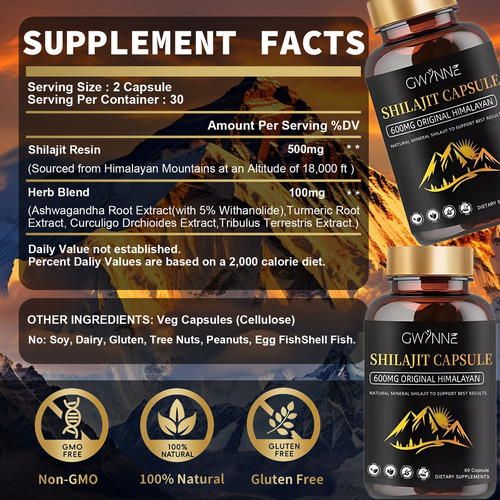 Pack 2 GWYNNE Shilajit Extract 120 Cápsulas Cada de Resina Charajiorgá Nica Pura Del Himalaya Sin sabor