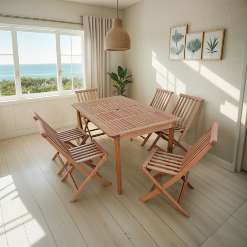 Conjunto Mesa Retangular E 6 Cadeiras Dobráveis Madeira