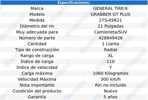 Llanta Grabber Gt Plus General Tire 275/45r21 110y Xldey