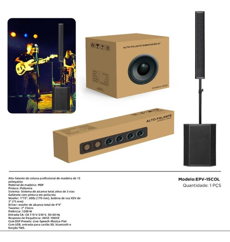 Sistema De Som Line Vertical Coluna + Sub 15 Polegadas 1200w
