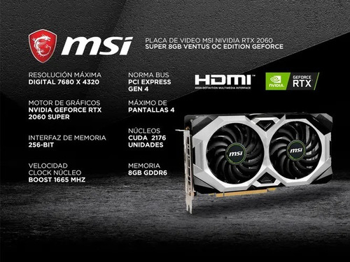 Placa de video Nvidia MSI Ventus GeForce RTX 20 Series RTX 2060 SUPER GEFORCE RTX 2060 SUPER VENTUS GP OC OC Edition 8GB