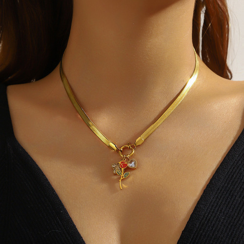 Collar Con Colgante De Rosa De Acero Inoxidable Para Mujer