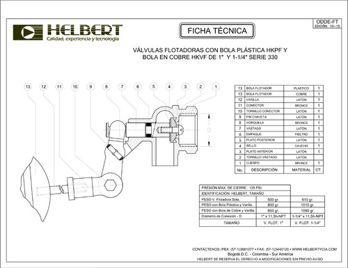 Imagen 2 de 3 de Valvula Flotador Helbert Bronce 2