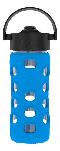 Botella De Agua De Vidrio 354 Ml Tapa Popote Giratorio Azul