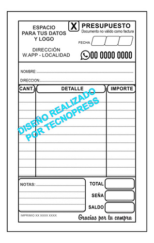 500 Presupuestos - Nota Pedido - Comprobante - Tamaño 11x17