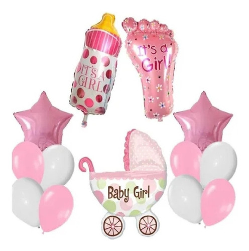 Kit Deco Globos Metalizados Baby Shawer Celeste Rosa 80cm