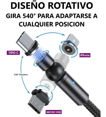 Cable Usb Magnetico Carga 3 En 1 Rotativo 540° 2 Metros