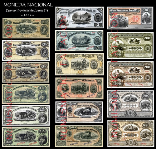 Colección Completa Billetes Moneda Nacional 1882 Santa Fe