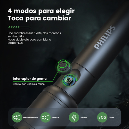 Philips Linterna Tactica Linternas Potentes Led Recargable Impermeable 300lm 5w Brillo Fuerte Alcance Luz Blancasúper Largo Esencial Para La Pesca Al Aire Libre Negro Aleación De Aluminio Sfl-2124