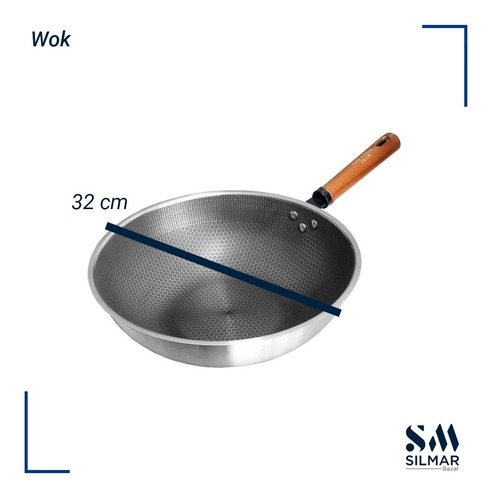 Imagen 3 de 9 de Sarten Wok De Acero Inoxidable Antiadherente M. Madera 32 Cm