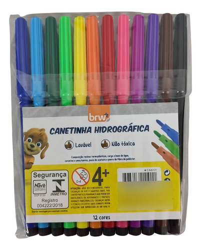 Canetinha Hidrográfica Resistente Blister Com 12 Cores Brw
