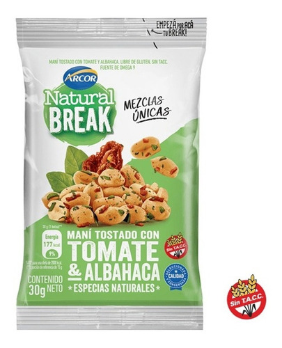 Imagen 1 de 5 de Natural Break 30g Mani Tomat Albahaca Pack 8u La Golosinería