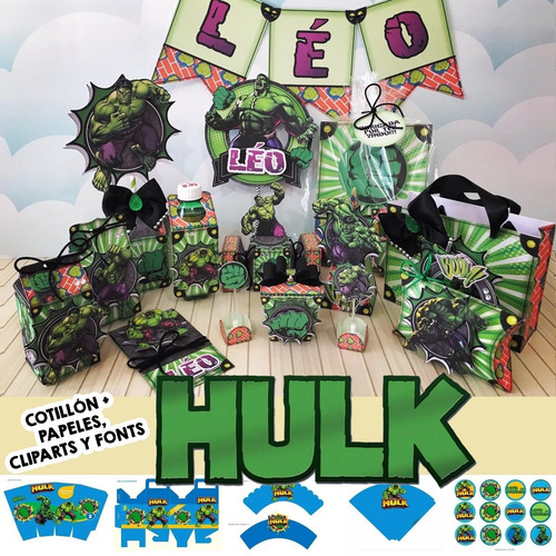 Kit Imprimible Hulk Cotillon + Papeles Fondos Cliparts Fonts