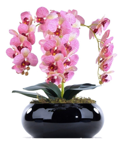 Arranjo 4 Orquídeas Artificiais Estriadas Rosa Em Vaso Preto