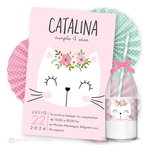 Kit Imprimible Gatita Romantica Flores Rosa Invitación Candy