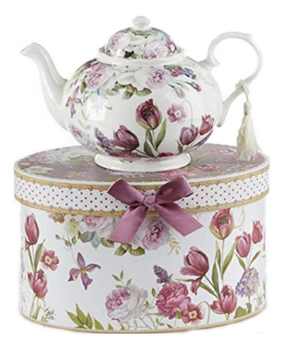 Tetera De Porcelana De 9.5 X 5.6 En Caja De Regalo, Tulipán