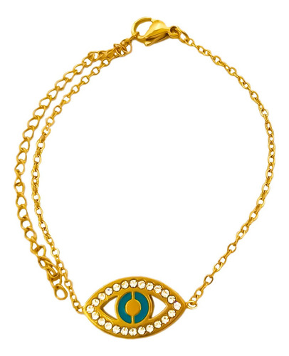 Pulsera Dorado Ojo Turco Turquesa Contorno Stras 23cm C:7686