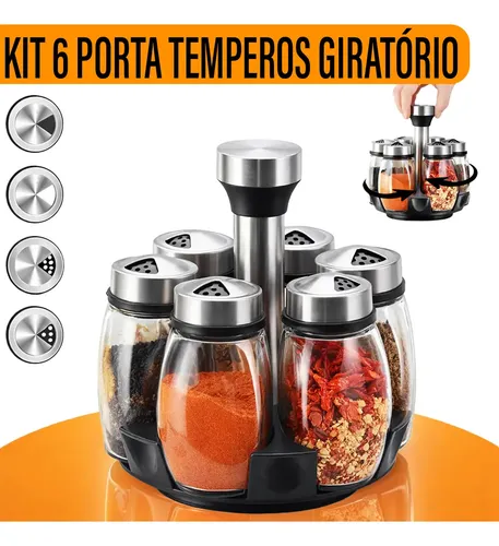 Yab - Porta Tempero de Mesa Saleiro Giratório 6 Potes P/ Condimentos em Vidro e Aço Inox Cozinha Premium Preto — R$ 49,99 em Mercado Livre, 64% OFF