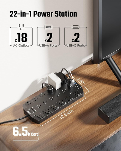 Protector De Sobretensiones Usb C, 18 Tomas, Color Negr...