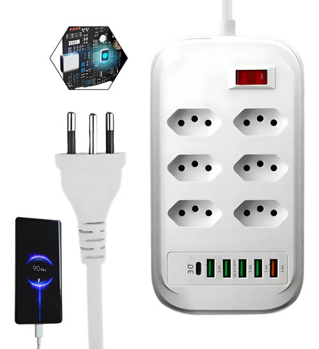 Filtro De Linha Régua Extensão 6 Tomadas Hub Tipo C E 6 Usb Branco