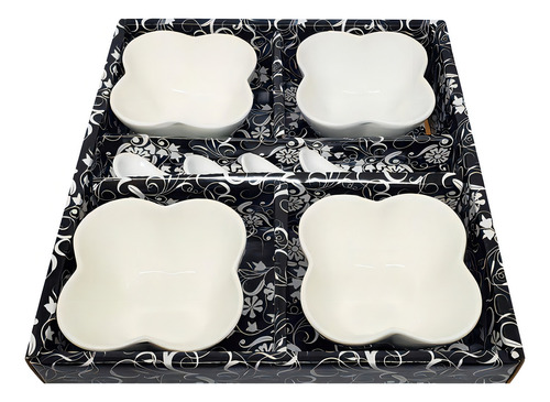 Kit Com 4 Petisqueira Porcelana Louça Branca Com Colher