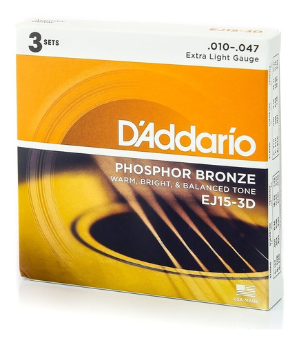 Pack 3 Sets Encordoamento D'addario Violão Aço Ej15-3d Phosphor Bronze  010-047