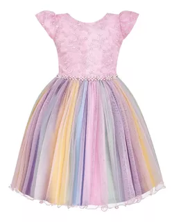 Vestido Infantil Luxo Rosa Colorido Arco Íris Unicórnio