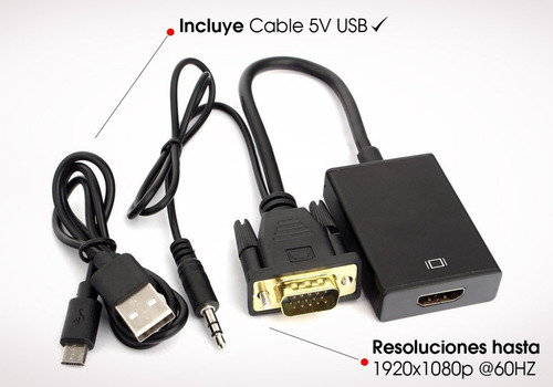 Conversor Vga A Hdmi Con Audio Adaptador Cable Tv Hd 1080p