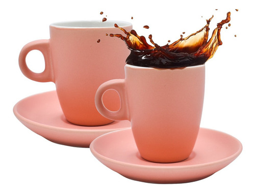 4 Tazas Para Café Expresso De Porcelana 100ml Con Plato 11cm Color Coral