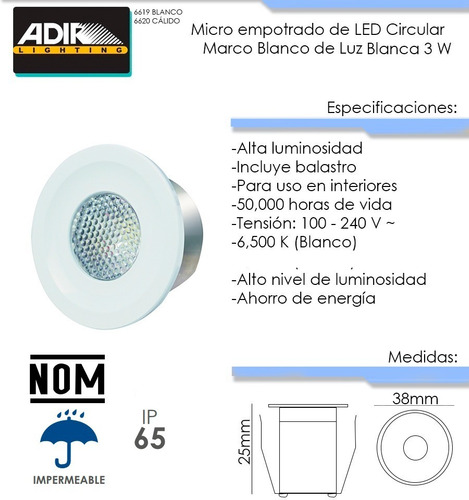 Imagen 2 de 2 de Spot Micro Empotrado De Led Circular Blanco 3w Interior Adir