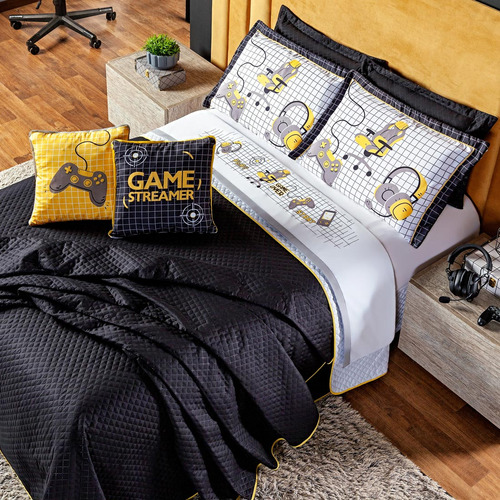 Kit Cobre Leito C/ Lençol E Cortina Game Streamer Casal 12pç