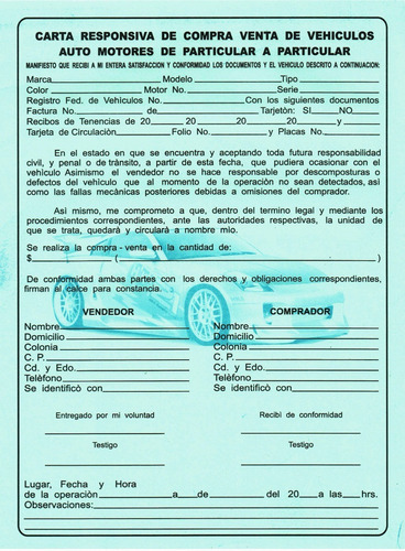 Carta Responsiva Compra Venta Vehiculo Autocopiante 10 Block