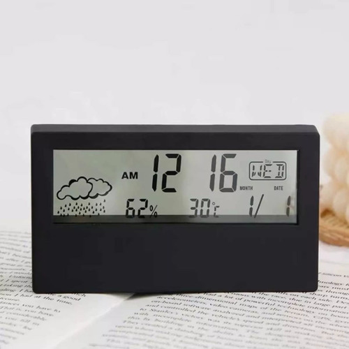 Reloj Digital Transparente A Pilas Mesa Temperatura Humedad Color Negro