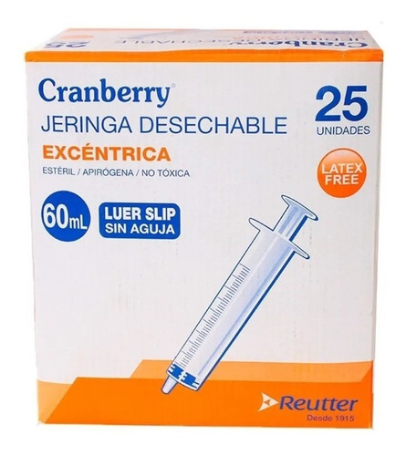 Jeringa Excentrica 60ml Luer Slip Sin Aguja X 25u Cranberry